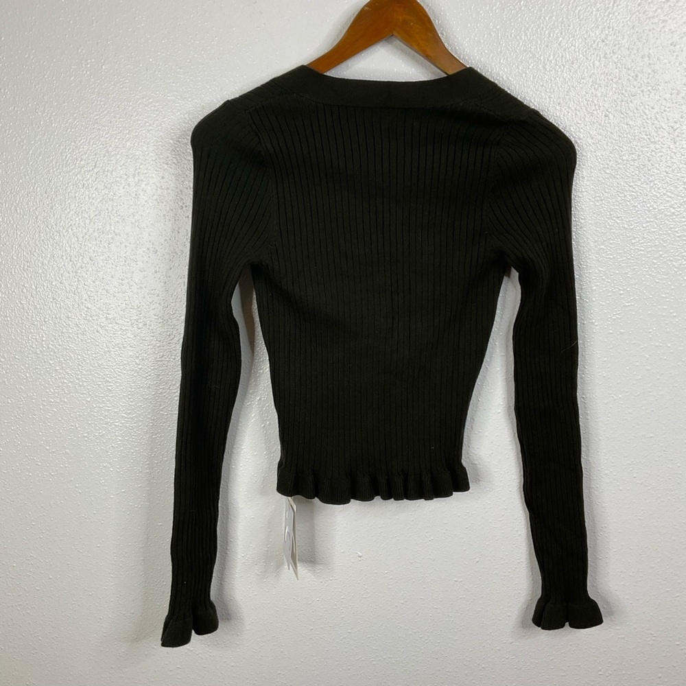 Commense NWT Ruffle Trim Dark Green Ribbed‎ Cardigan Size Small - Picture 3 of 7